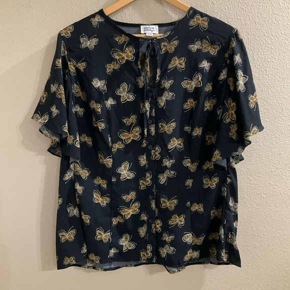 Unique Vintage Black gold butterfly print boho blouse tie front flutter sleeves - Picture 1 of 8